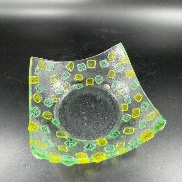 Square Fused Art Glass Dish Plate Whimsical Decor Textured Dish Hand Crafted Vtg - Picture 12 of 15